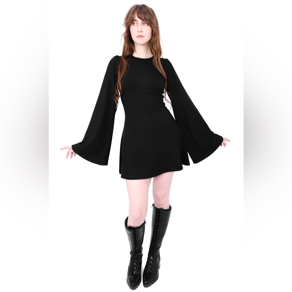 SOLD Foxblood Florence Black Long Bell Sleeve Mini Dress 60s style goth